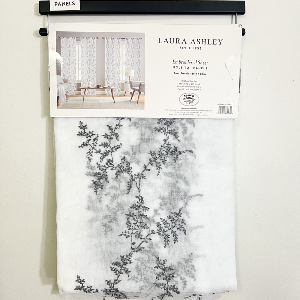 4 Laura Ashley Embroidered Floral Vines Sheer Curtains 38x84” New